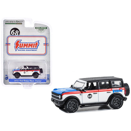 2022 Ford Bronco Black Diamond 68 "Summit Racing" White with Red Stripes Black Top and Blue Hood "Hobby Exclusive" Series 1/64 Diecast Model Car by Greenlight - Greenlight - ModelCars.com