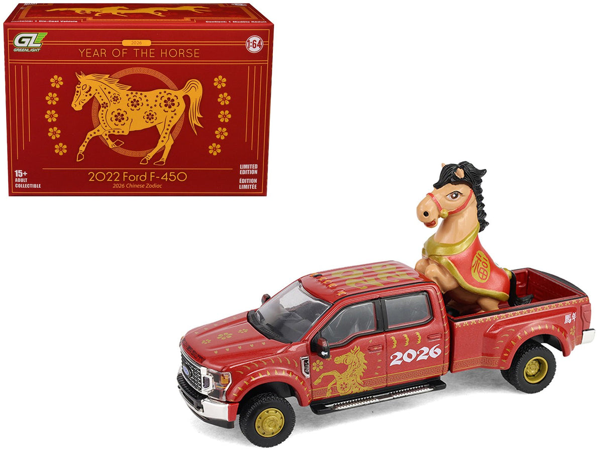 2022 Ford F-450 Dually Pickup Truck "Chinese Zodiac 2026 Year of the Horse" Red with Gold Graphics and Horse Figure "Hobby Exclusive" Series 1/64 Diecast Model Car by Greenlight-Greenlight-ModelCars.com