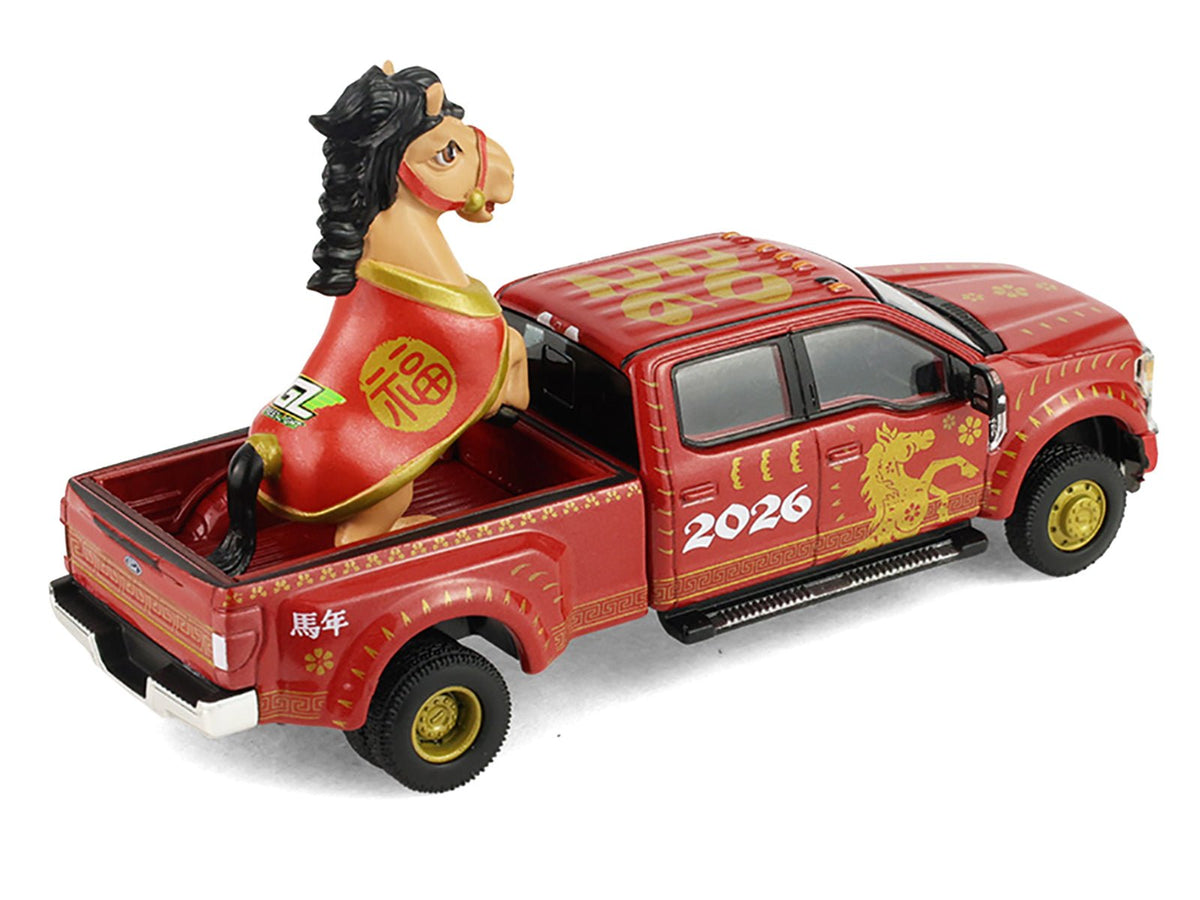2022 Ford F-450 Dually Pickup Truck "Chinese Zodiac 2026 Year of the Horse" Red with Gold Graphics and Horse Figure "Hobby Exclusive" Series 1/64 Diecast Model Car by Greenlight-Greenlight-ModelCars.com