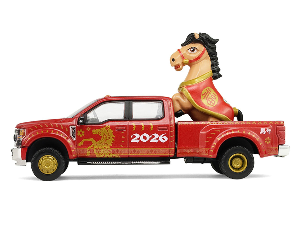 2022 Ford F-450 Dually Pickup Truck "Chinese Zodiac 2026 Year of the Horse" Red with Gold Graphics and Horse Figure "Hobby Exclusive" Series 1/64 Diecast Model Car by Greenlight-Greenlight-ModelCars.com