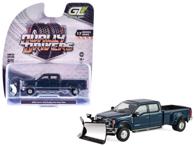 2022 Ford F-450 Dually Pickup Truck with Snow Plow Antimatter Blue Metallic "Dually Drivers" Series 17 1/64 Diecast Model Car by Greenlight-Greenlight-ModelCars.com