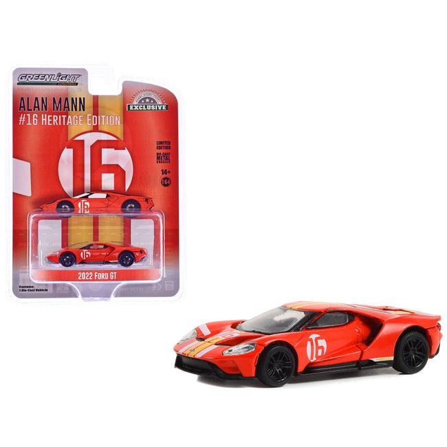 2022 Ford GT Heritage Edition #16 Alan Mann "1966 Ford AM GT-1 Prototype Tribute" Red with Stripes "Hobby Exclusive" Series 1/64 Diecast Model Car by Greenlight-Greenlight-ModelCars.com