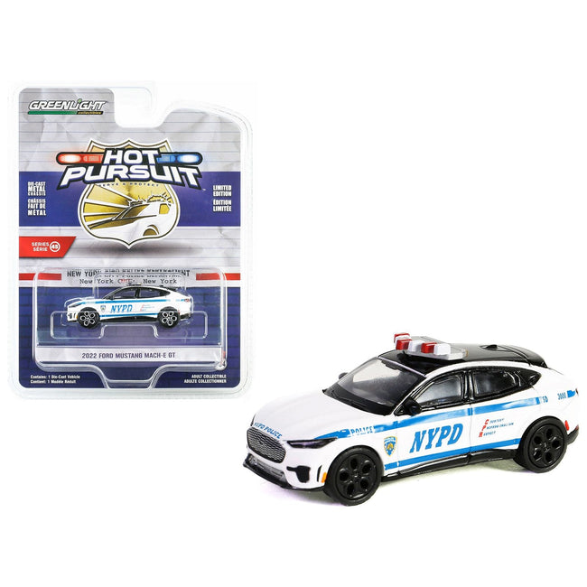 2022 Ford Mustang Mach - E GT White with Blue Stripes "NYPD (New York City Police Department)" "Hot Pursuit" Series 45 1/64 Diecast Model Car by Greenlight - Greenlight - ModelCars.com