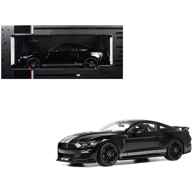 2022 Ford Mustang Shelby GT500 Black with Silver Stripes 1/18 Diecast Model Car by IXO Models-IXO-ModelCars.com