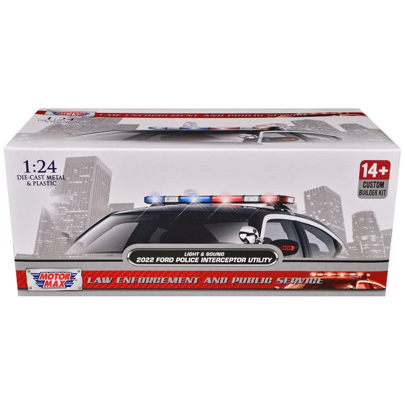 2022 Ford Police Interceptor Utility Black and White "Builder's Kit" with Flashing Light Bar and Front and Rear Lights and Sounds 1/24 Diecast Model Car by Motormax - Motormax - ModelCars.com