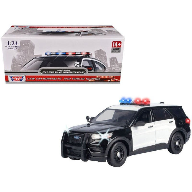 2022 Ford Police Interceptor Utility Black and White "Builder's Kit" with Flashing Light Bar and Front and Rear Lights and Sounds 1/24 Diecast Model Car by Motormax-Motormax-ModelCars.com