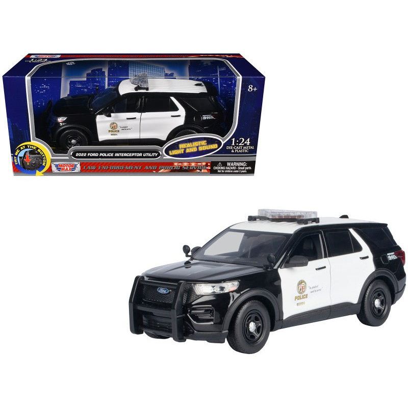 2022 Ford Police Interceptor Utility Black and White "Los Angeles Police Department (LAPD)" with Flashing Light Bar and Front and Rear Lights and Sounds 1/24 Diecast Model Car by Motormax - Motormax - ModelCars.com