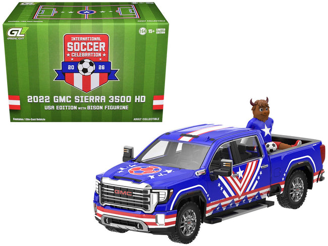 2022 GMC Sierra 3500 HD Pickup Truck Blue with American Soccer Graphics with Bison Figure "International Soccer Celebration '26" Series 1/64 Diecast Model Car by Greenlight-Greenlight-ModelCars.com