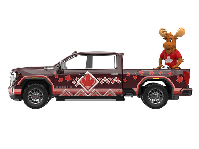2022 GMC Sierra 3500 HD Pickup Truck Dark Red with Canadian Soccer Graphics with Moose Figure "International Soccer Celebration '26" Series 1/64 Diecast Model Car by Greenlight-Greenlight-ModelCars.com