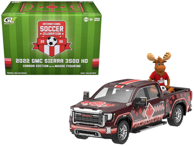 2022 GMC Sierra 3500 HD Pickup Truck Dark Red with Canadian Soccer Graphics with Moose Figure "International Soccer Celebration '26" Series 1/64 Diecast Model Car by Greenlight-Greenlight-ModelCars.com