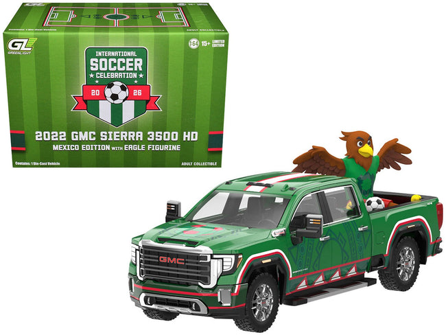 2022 GMC Sierra 3500 HD Pickup Truck Green with Mexican Soccer Graphics with Eagle Figure "International Soccer Celebration '26" Series 1/64 Diecast Model Car by Greenlight-Greenlight-ModelCars.com