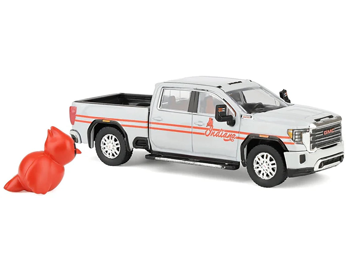 2022 GMC Sierra 3500 HD Pickup Truck "Indiana Cardinals" Silver Metallic with Red Stripes and Cardinal Figure "2025 Greenlight Waltersons Collector's Expo Exclusive" 1/64 Diecast Model Car by Greenlight-Greenlight-ModelCars.com