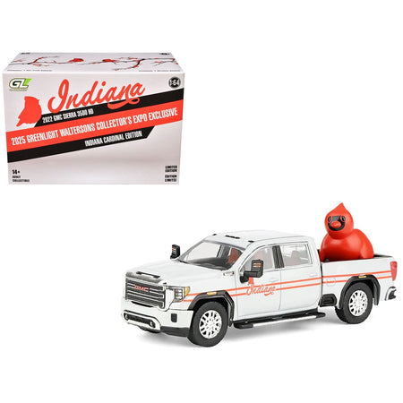 2022 GMC Sierra 3500 HD Pickup Truck "Indiana Cardinals" Silver Metallic with Red Stripes and Cardinal Figure "2025 Greenlight Waltersons Collector's Expo Exclusive" 1/64 Diecast Model Car by Greenlight-Greenlight-ModelCars.com