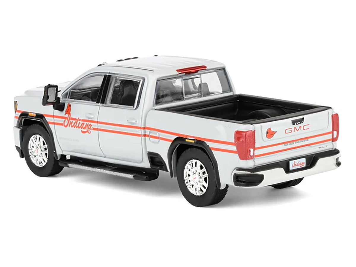 2022 GMC Sierra 3500 HD Pickup Truck "Indiana Cardinals" Silver Metallic with Red Stripes and Cardinal Figure "2025 Greenlight Waltersons Collector's Expo Exclusive" 1/64 Diecast Model Car by Greenlight-Greenlight-ModelCars.com