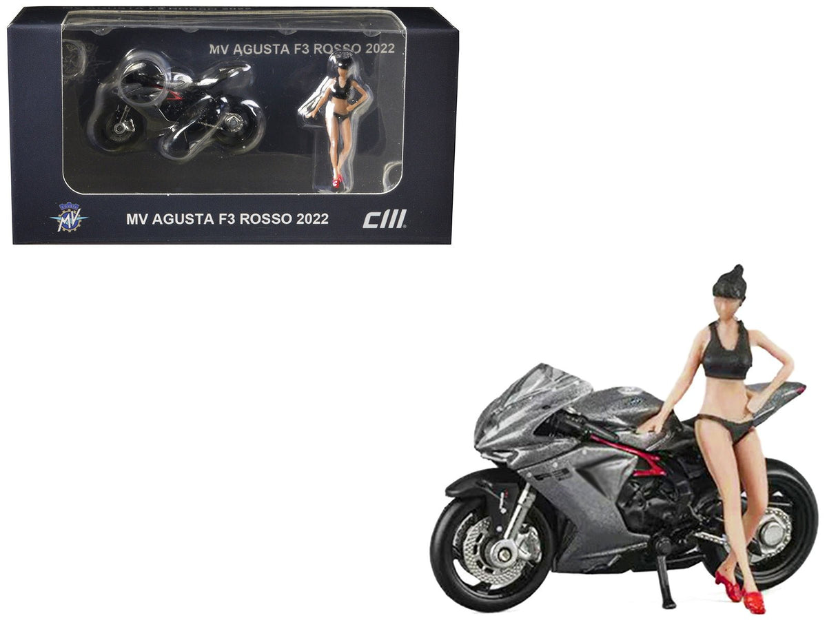 2022 MV Agusta F3 Rosso Motorcycle Silver Metallic with Figure 1/64 Diecast Model by CM Model-CM Models-ModelCars.com