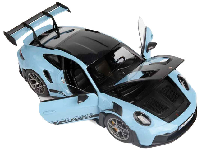 2022 Porsche 911 GT3 RS Weissach Pack Gulf Blue with Carbon Top and Hood Stripes 1/18 Diecast Model Car by Norev-Norev-ModelCars.com