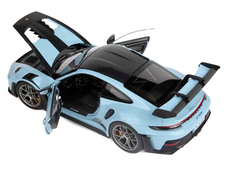 2022 Porsche 911 GT3 RS Weissach Pack Gulf Blue with Carbon Top and Hood Stripes 1/18 Diecast Model Car by Norev-Norev-ModelCars.com