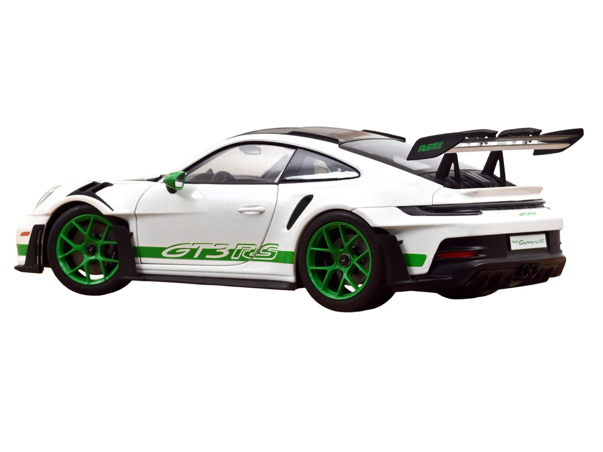 2022 Porsche 911 GT3 RS Weissach Pack White with Green Stripes And Carbon Hood and Top 1/18 Diecast Model Car by Norev-Norev-ModelCars.com