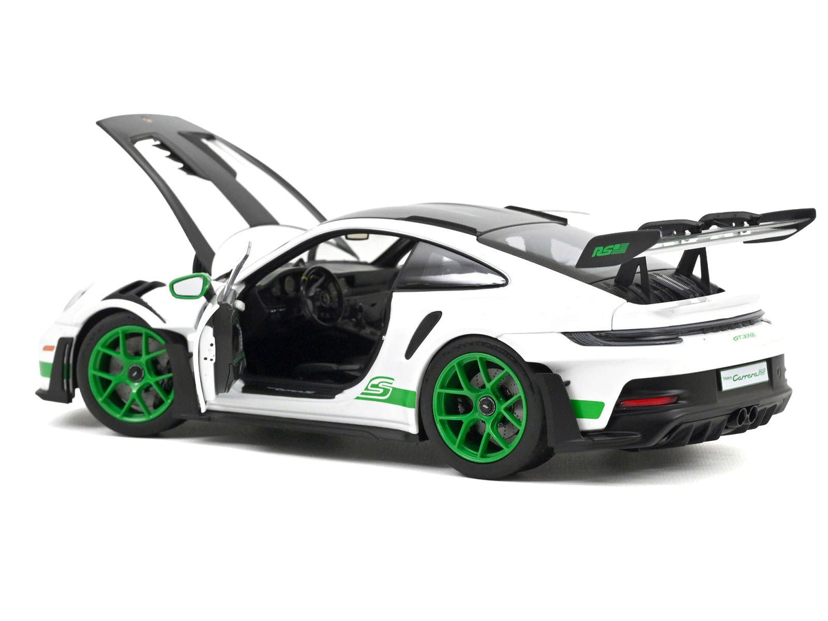 2022 Porsche 911 GT3 RS Weissach Pack White with Green Stripes And Carbon Hood and Top 1/18 Diecast Model Car by Norev-Norev-ModelCars.com
