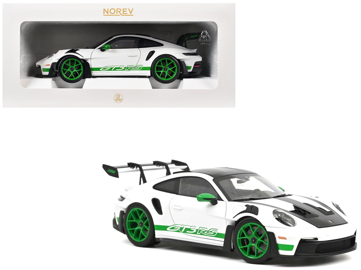 2022 Porsche 911 GT3 RS Weissach Pack White with Green Stripes And Carbon Hood and Top 1/18 Diecast Model Car by Norev-Norev-ModelCars.com
