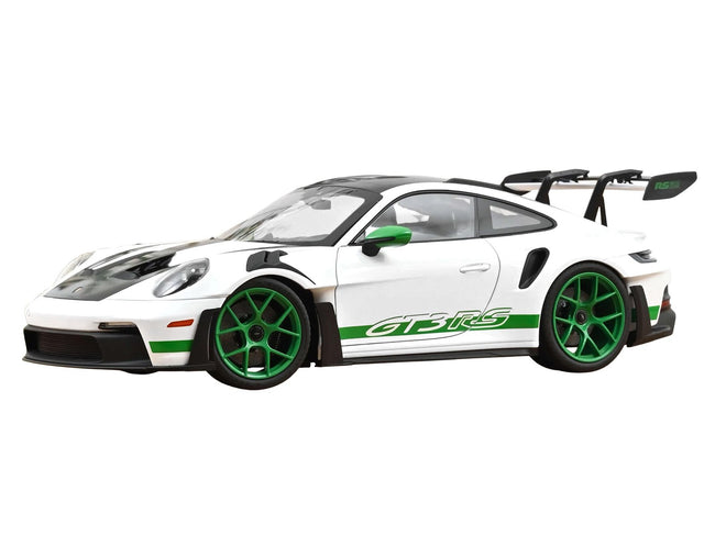 2022 Porsche 911 GT3 RS with Weissach Pack "Tribute to Carrera RS" White with Carbon Hood and Top and Python Green Stripes 1/12 Diecast Model Car by Norev-Norev-ModelCars.com