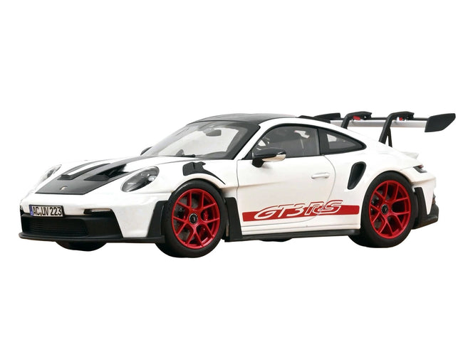 2022 Porsche 911 GT3 RS with Weissach Pack White with Carbon Hood and Top and Pyro Red Stripes and Wheels 1/18 Diecast Model Car by Norev-Norev-ModelCars.com