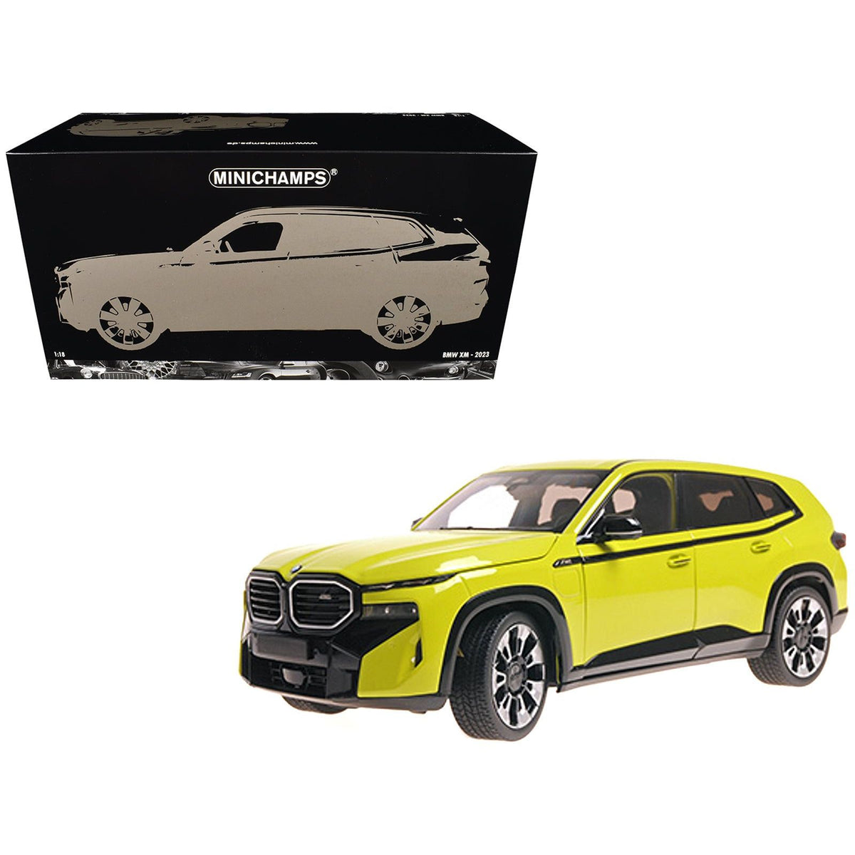 2023 BMW XM Yellow with Black Stripes 1/18 Diecast Model Car by Minichamps - Minichamps - ModelCars.com