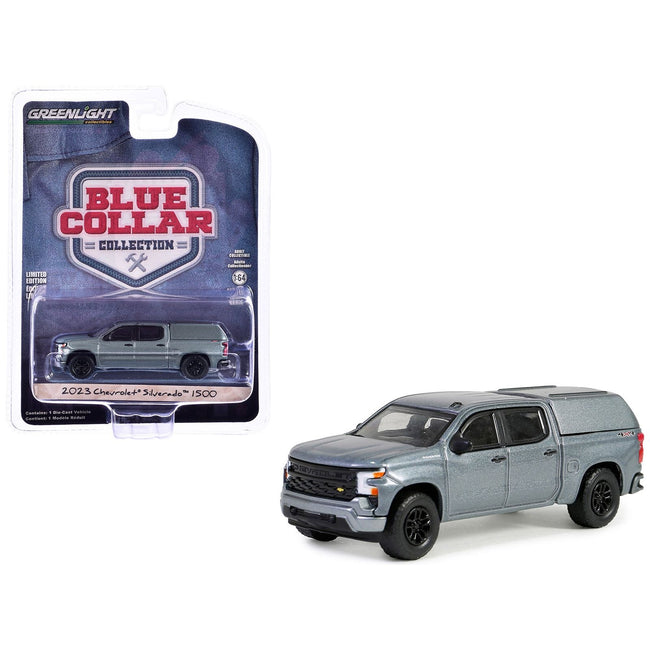 2023 Chevrolet Silverado 1500 Pickup Truck with Camper Shell Sterling Gray Metallic "Blue Collar Collection" Series 13 1/64 Diecast Model Car by Greenlight - Greenlight - ModelCars.com