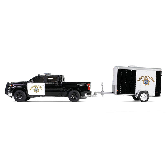 2023 Chevrolet Silverado Pickup Truck "California Highway Patrol" Black and White with Small Cargo Trailer "Hot Pursuit Hitch & Tow" Series 1 1/64 Diecast Model Cars by Greenlight-Greenlight-ModelCars.com