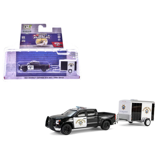 2023 Chevrolet Silverado Pickup Truck "California Highway Patrol" Black and White with Small Cargo Trailer "Hot Pursuit Hitch & Tow" Series 1 1/64 Diecast Model Cars by Greenlight-Greenlight-ModelCars.com