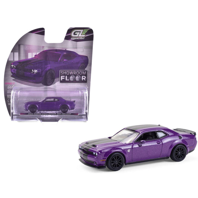 2023 Dodge Challenger SRT Hellcat Plum Crazy Metallic with Black Stripes "Showroom Floor" Series 7 1/64 Diecast Model Car by Greenlight-Greenlight-ModelCars.com