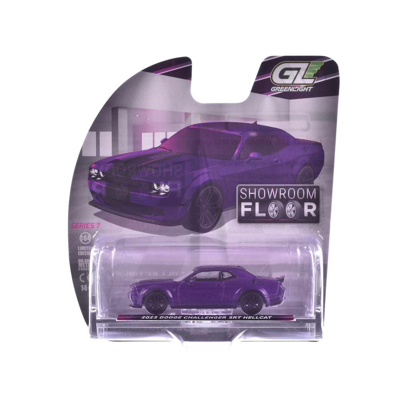 2023 Dodge Challenger SRT Hellcat Plum Crazy Metallic with Black Stripes "Showroom Floor" Series 7 1/64 Diecast Model Car by Greenlight - Greenlight - ModelCars.com
