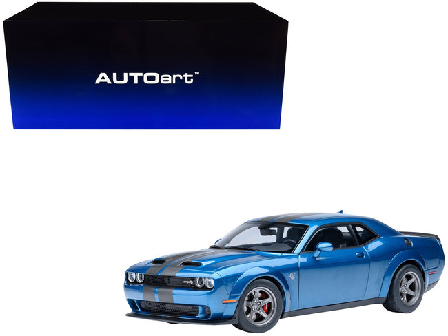 2023 Dodge Challenger SRT Super Stock Frostbite Blue Metallic with Carbon Stripes 1/18 Model Car by Autoart-Autoart-ModelCars.com