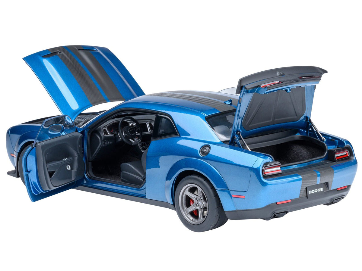 2023 Dodge Challenger SRT Super Stock Frostbite Blue Metallic with Carbon Stripes 1/18 Model Car by Autoart-Autoart-ModelCars.com