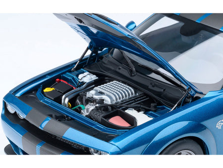 2023 Dodge Challenger SRT Super Stock Frostbite Blue Metallic with Carbon Stripes 1/18 Model Car by Autoart-Autoart-ModelCars.com