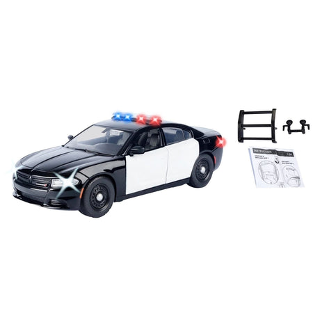 2023 Dodge Charger Pursuit Police Car Black and White with Flashing Light Bar Front and Rear Lights and 2 Sounds "Builder's Kit" 1/24 Diecast Model Car by Motormax-Motormax-ModelCars.com