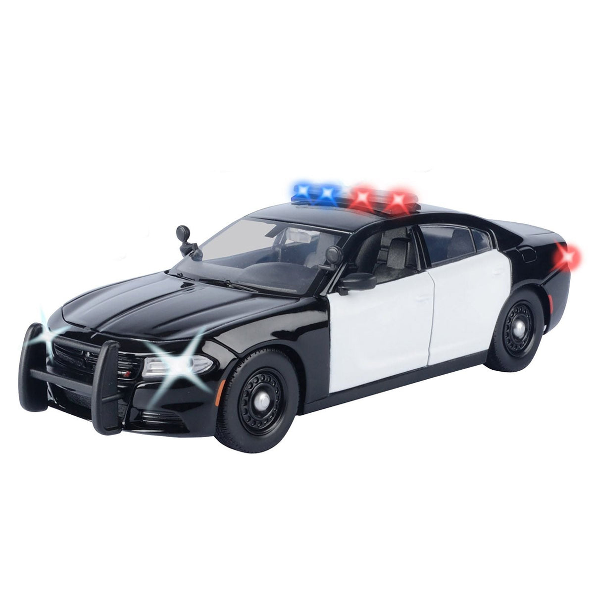 2023 Dodge Charger Pursuit Police Car Black and White with Flashing Light Bar Front and Rear Lights and 2 Sounds "Builder's Kit" 1/24 Diecast Model Car by Motormax-Motormax-ModelCars.com