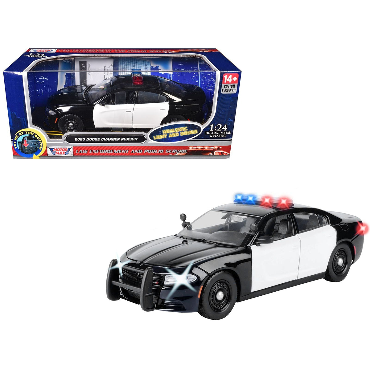 2023 Dodge Charger Pursuit Police Car Black and White with Flashing Light Bar Front and Rear Lights and 2 Sounds "Builder's Kit" 1/24 Diecast Model Car by Motormax-Motormax-ModelCars.com