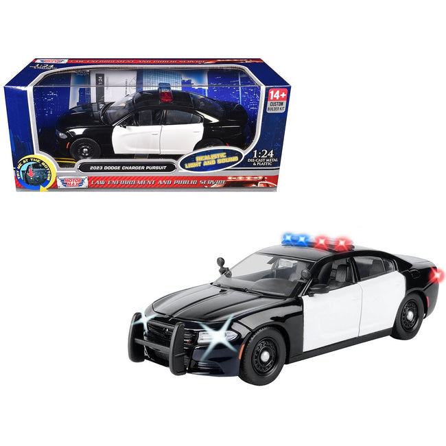 2023 Dodge Charger Pursuit Police Car Black and White with Flashing Light Bar Front and Rear Lights and 2 Sounds "Builder's Kit" 1/24 Diecast Model Car by Motormax-Motormax-ModelCars.com