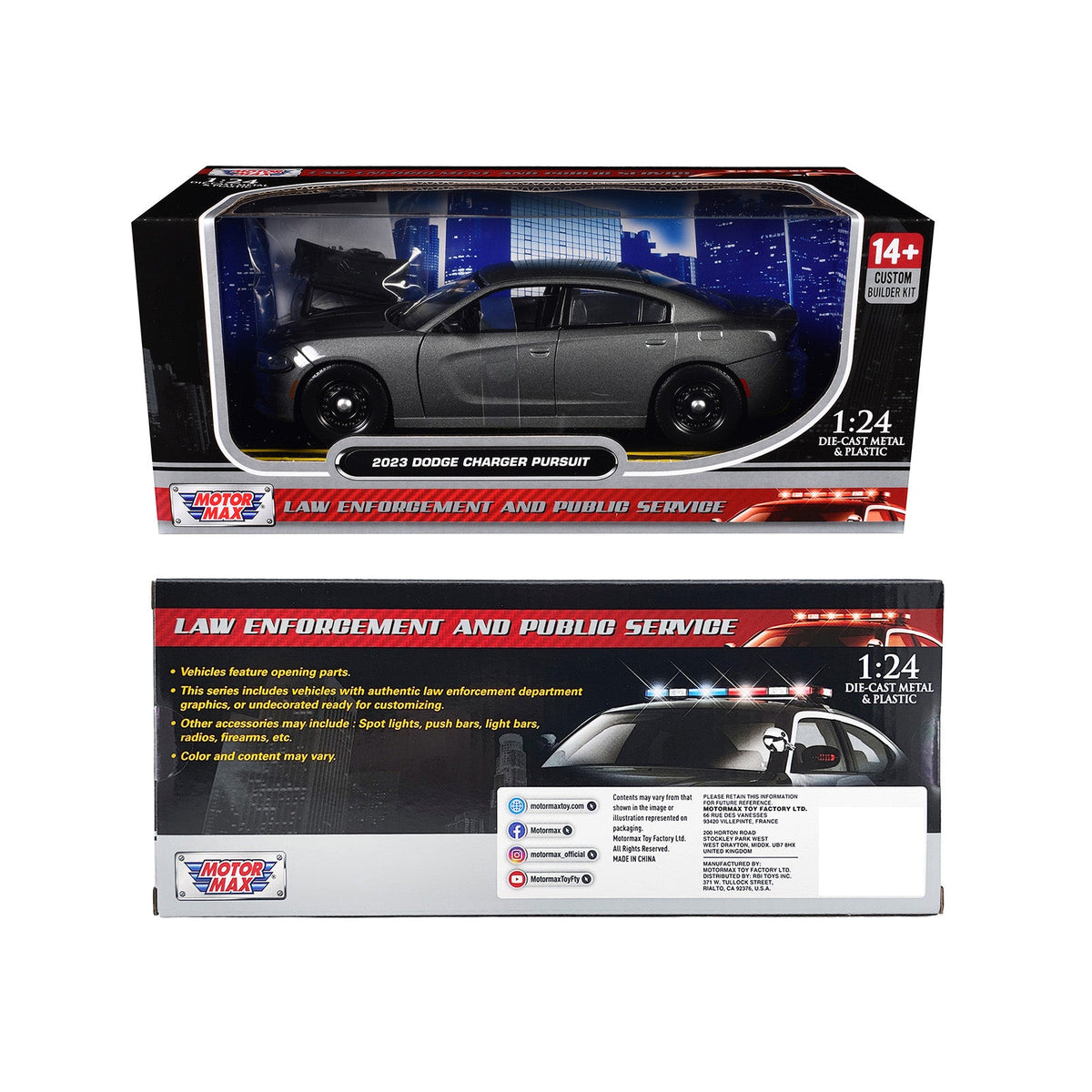 2023 Dodge Charger Pursuit Police Car Gray Metallic "Custom Builder's Kit - Law Enforcement and Public Service" Series 1/24 Diecast Model Car by Motormax-Motormax-ModelCars.com