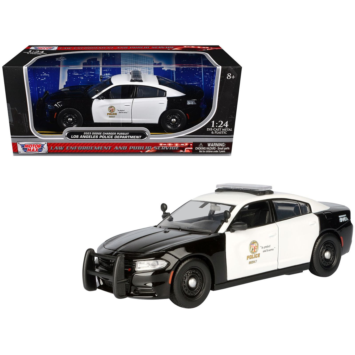 2023 Dodge Charger Pursuit Police Car "LAPD (Los Angeles Police Department)" Black and White "Law Enforcement and Public Service" Series 1/24 Diecast Model Car by Motormax-Motormax-ModelCars.com