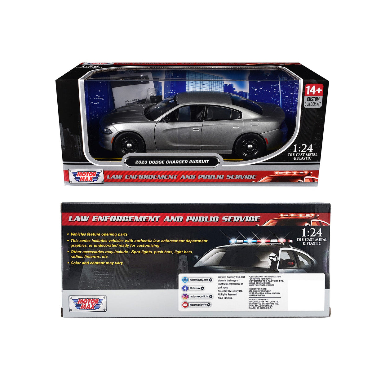 2023 Dodge Charger Pursuit Police Car Silver Metallic "Custom Builder's Kit - Law Enforcement and Public Service" Series 1/24 Diecast Model Car by Motormax-Motormax-ModelCars.com