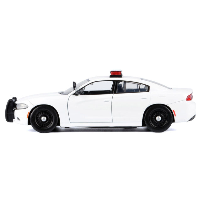2023 Dodge Charger Pursuit Police Car Unmarked White with Flashing Light Bar Front and Rear Lights and 2 Sounds "Builder's Kit" 1/24 Diecast Model Car by Motormax-Motormax-ModelCars.com