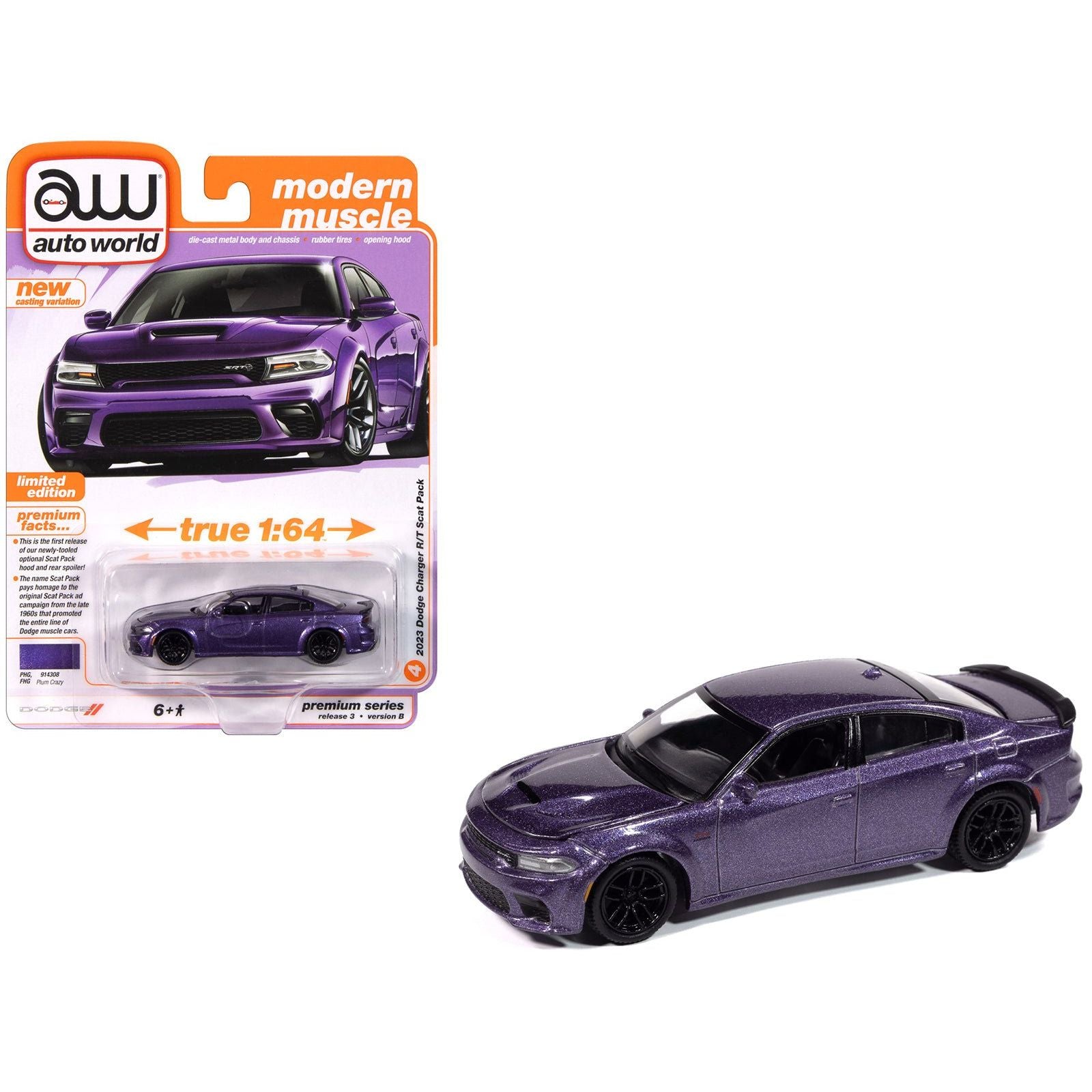 2023 Dodge Charger R/T Scat Pack Plum Crazy Metallic "Modern Muscle" Series 1/64 Diecast Model Car by Auto World - Autoworld - ModelCars.com