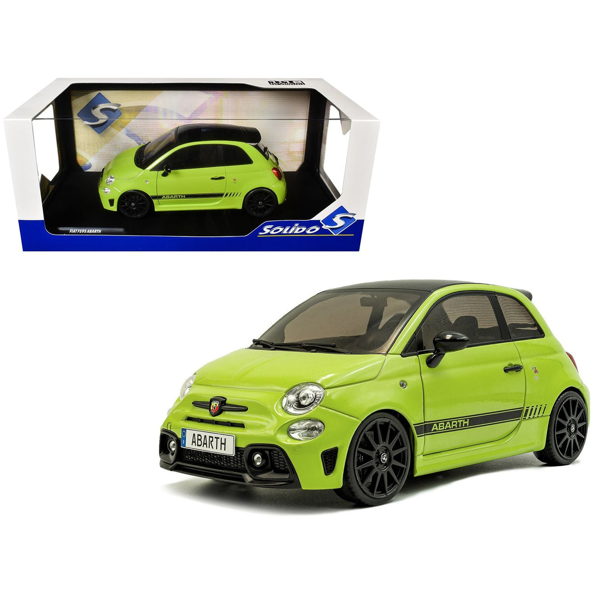 2023 Fiat F595 Abarth Verde Adrenalina Green with Black Top and Stripes 1/18 Diecast Model Car by Solido-Solido-ModelCars.com