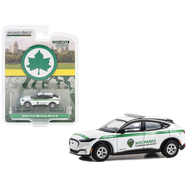 2023 Ford Mustang Mach - E White with Green Stripes "New York City Department of Parks & Recreation" "Hobby Exclusive" Series 1/64 Diecast Model Car by Greenlight - Greenlight - ModelCars.com