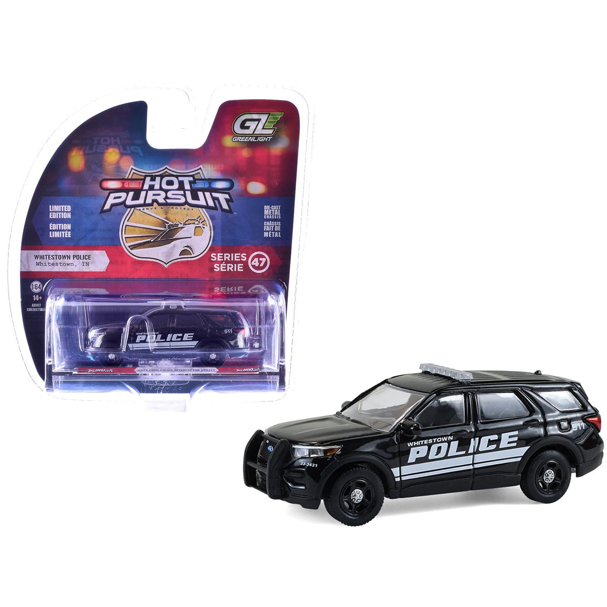 2023 Ford Police Interceptor Utility "Whitestown Police Dept. Whitestown IN" Black "Hot Pursuit" Series 47 1/64 Diecast Model Car by Greenlight-Greenlight-ModelCars.com