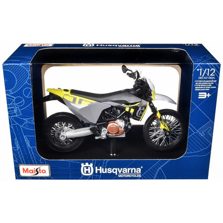 2023 Husqvarna 701 Supermoto Motorcycle Matt Black and Gray with Yellow and White Accents with Display Base 1/12 Diecast Model by Maisto-Maisto-ModelCars.com