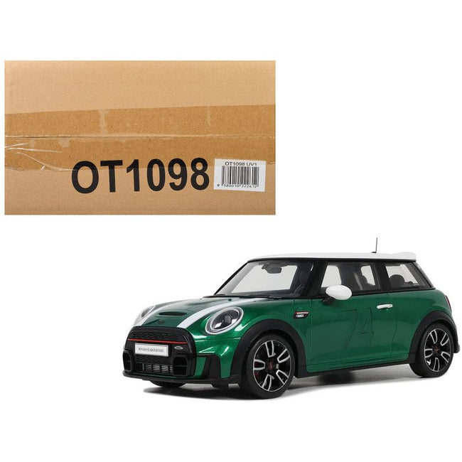 2023 Mini Cooper F56 JCW 74 British Racing Green with White Top and Stripes 1/18 Model Car by Otto Mobile - Otto Mobile - ModelCars.com