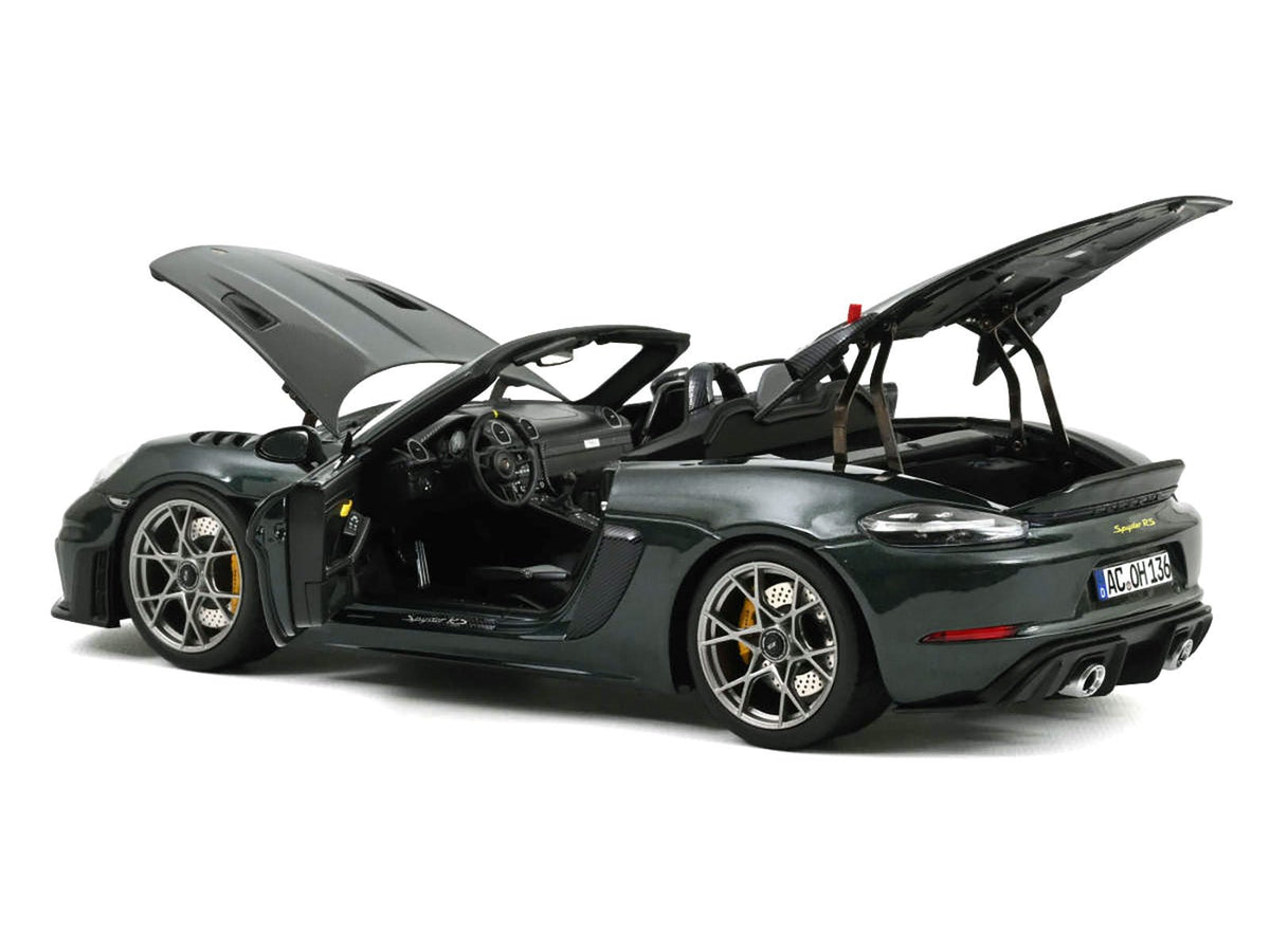2023 Porsche 718 Spyder RS Weissach Pack Forest Green Metallic with Carbon Hood Stripes 1/18 Diecast Model Car by Norev-Norev-ModelCars.com